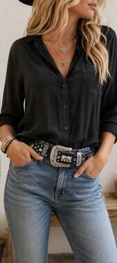 BHW Rhinestone Hair On Hide Western Belt Black Leather Crystal Concho Medium